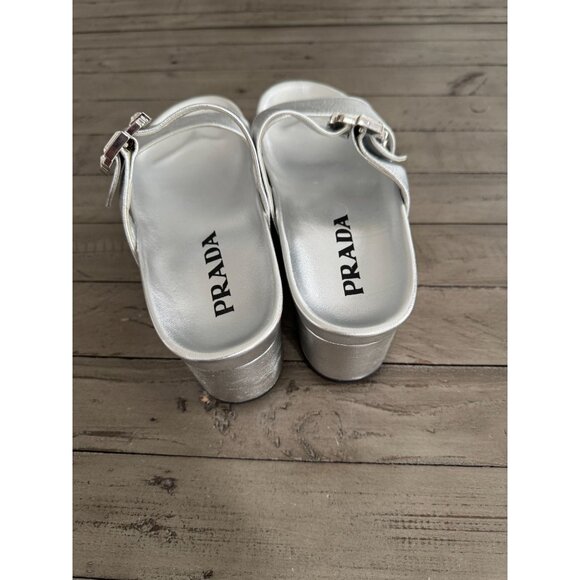 Prada Silver Metallic Leather Platform Crystal Buckle Slide Sandals Size 38 8 - Picture 7 of 10